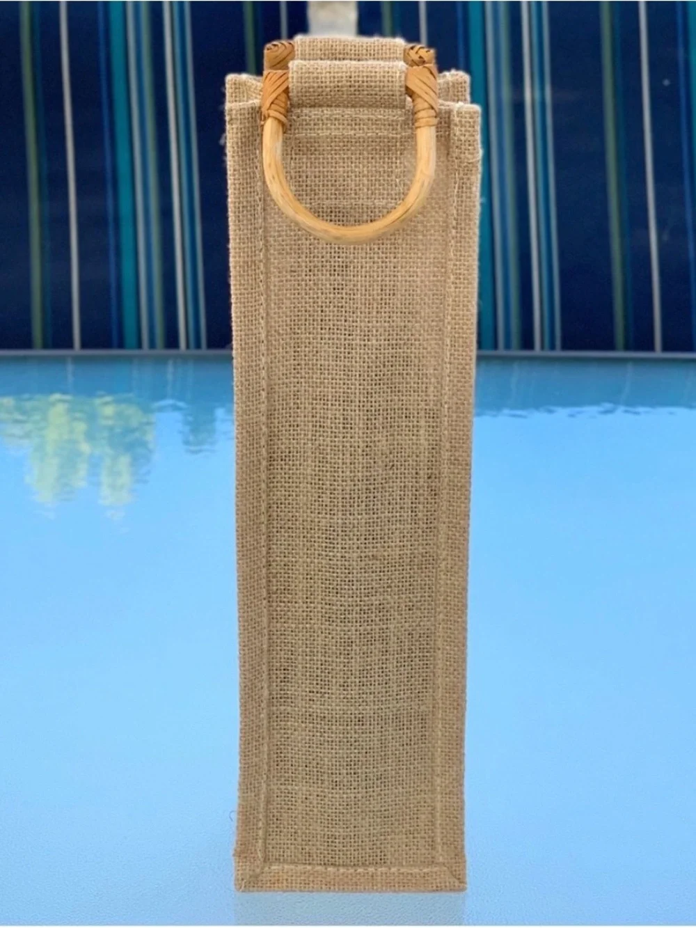 Jute Single Wine Bottle Natural Tan Gift Bag with Bamboo Handles